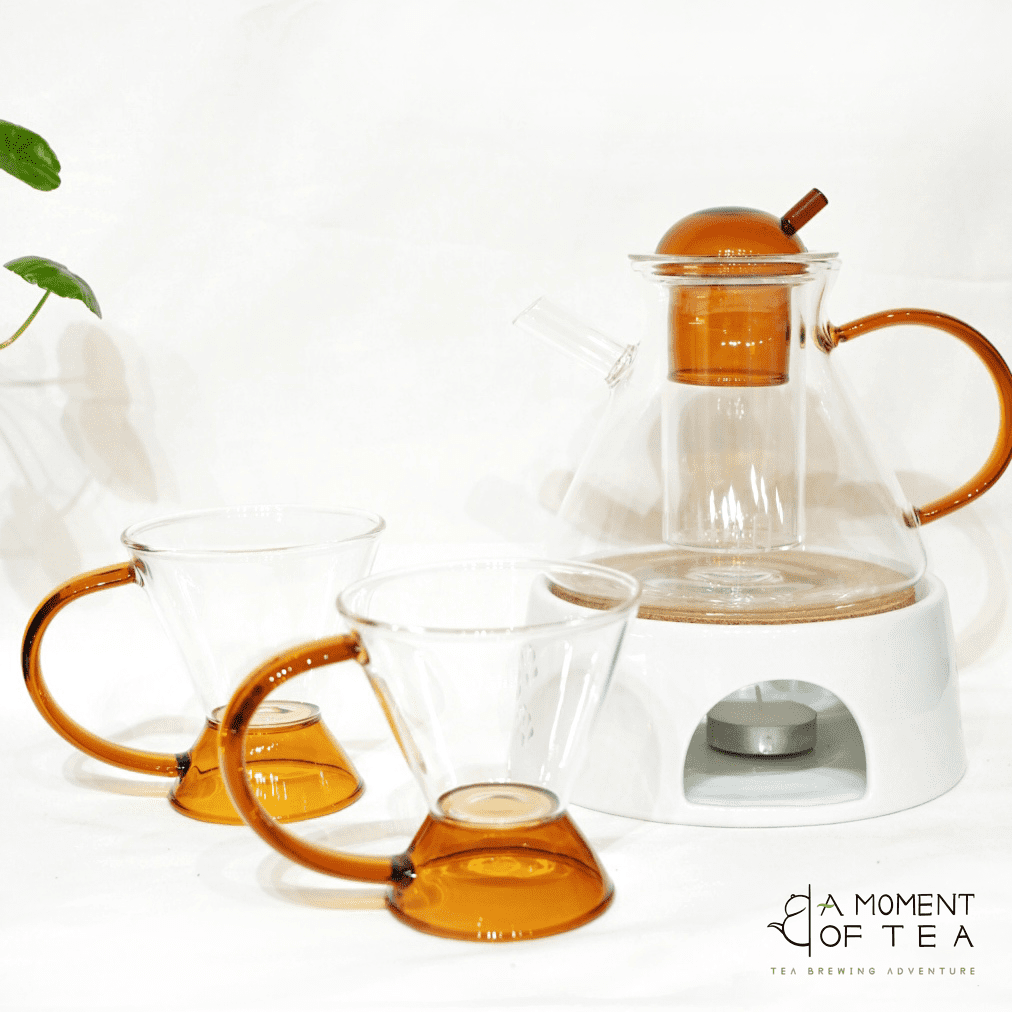 Modern minimalist glass teapot set,Glass teapot with amber handle and cups
