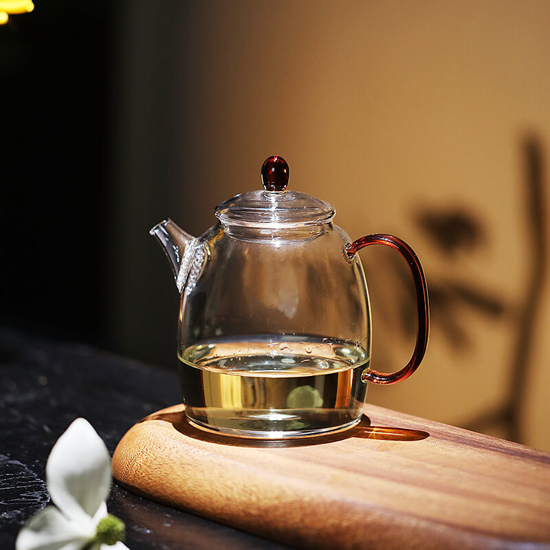 280ml Qinzhong glass teapot with built-in infuser, amber glass handle and deep red lid knob