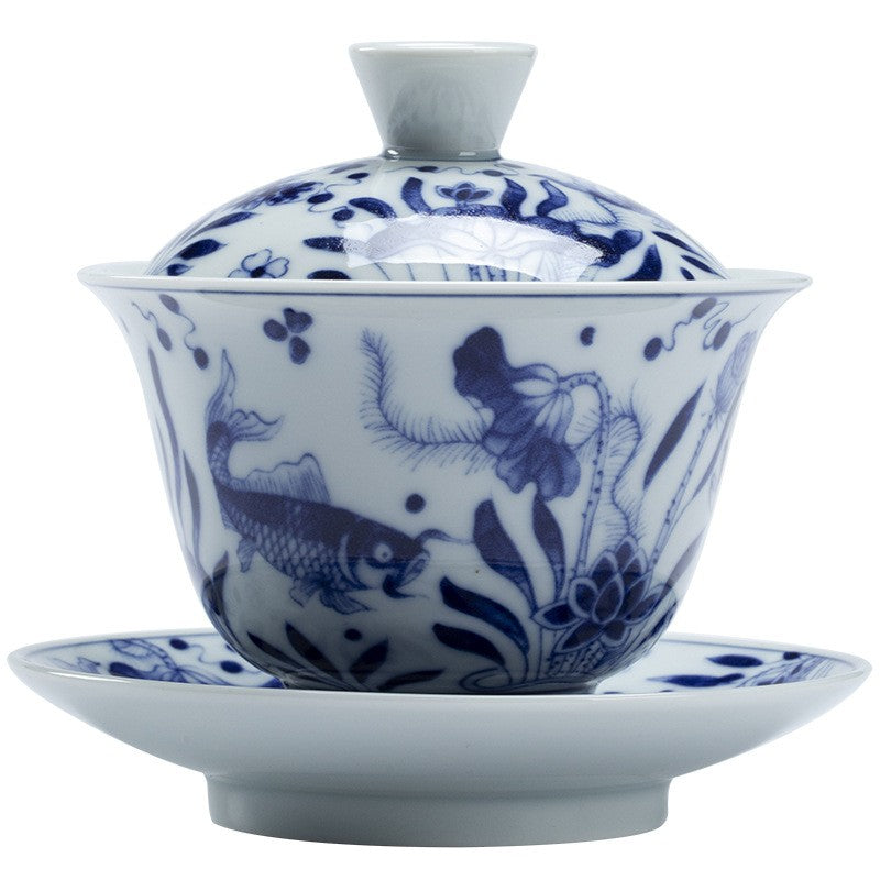Blue and White Gaiwan Tea Set, fish and waterweed pattern: lid, bowl and saucer on white