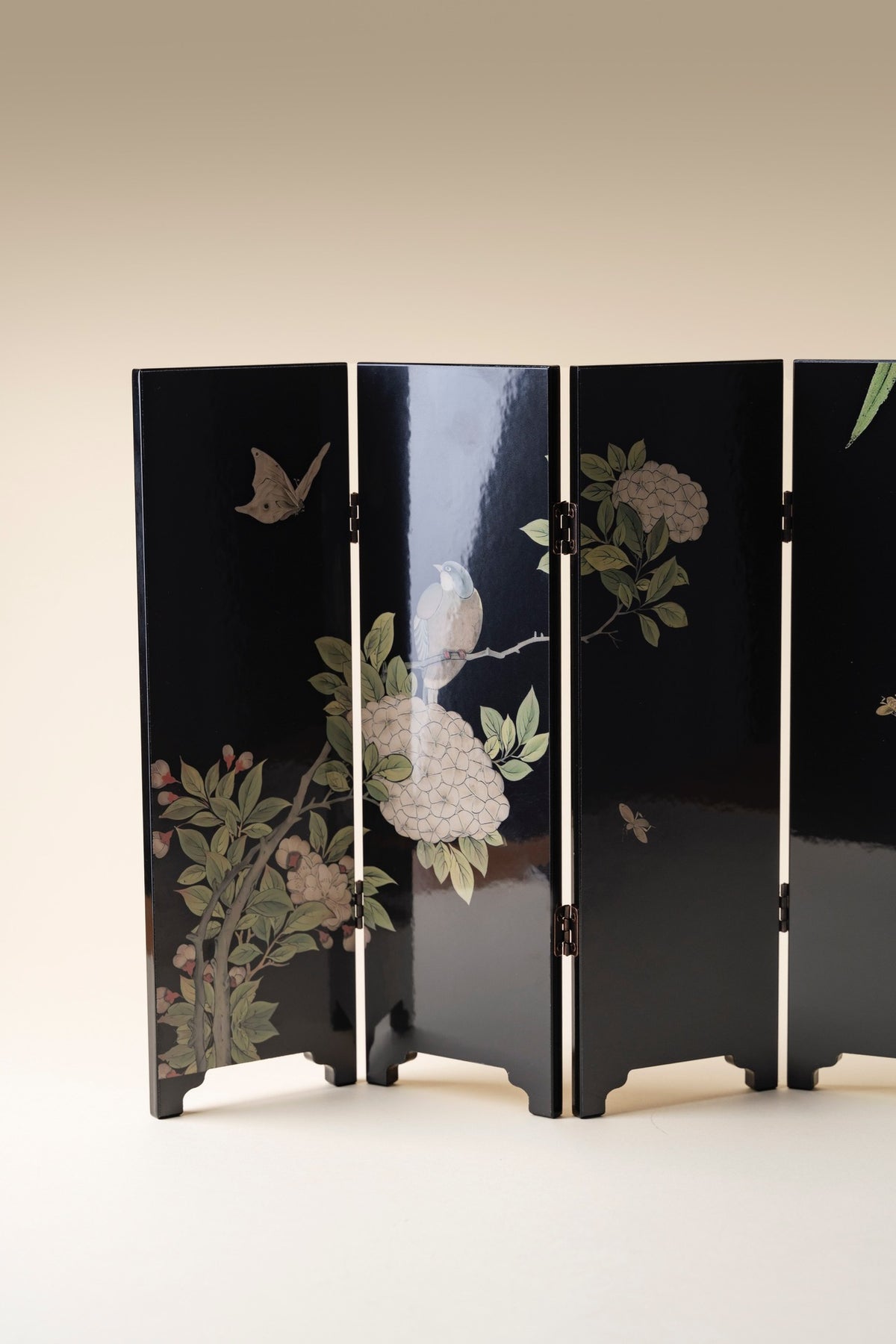 Black Bamboo mini folding screen, reverse: pink and white blossoms with a small bird and a butterfly on black lacquer