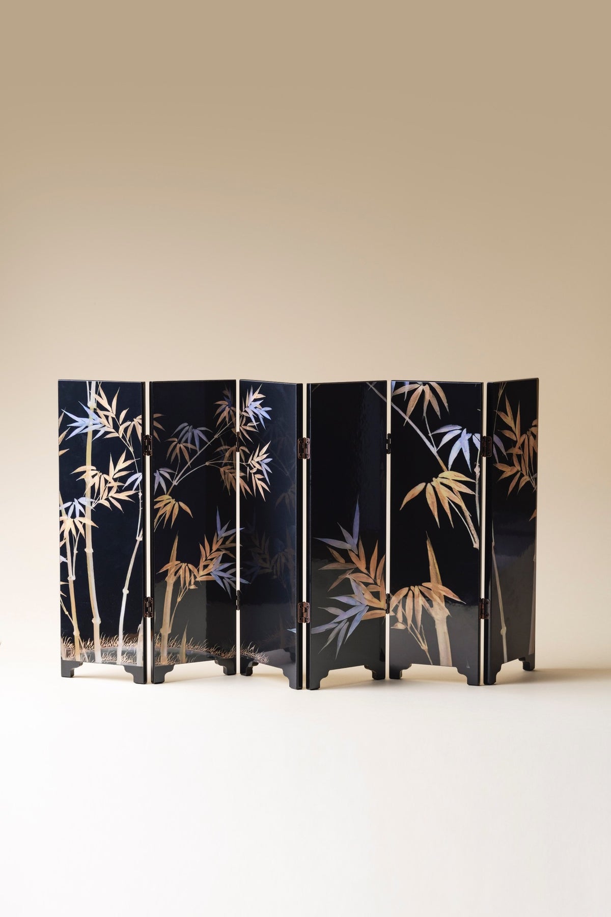 Black Bamboo mini folding screen, front: gold and silver bamboo on black lacquer, six panels standing