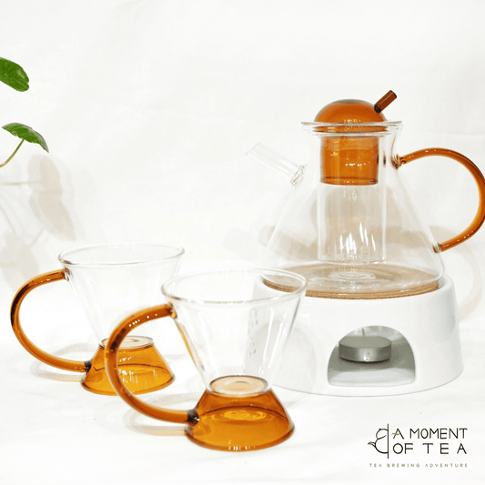 Modern minimalist glass teapot set，Glass teapot with amber handle and cups
