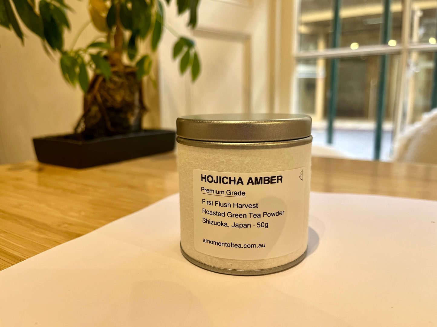 Hojicha Powder Amber tin at the Hobart Tea Bar