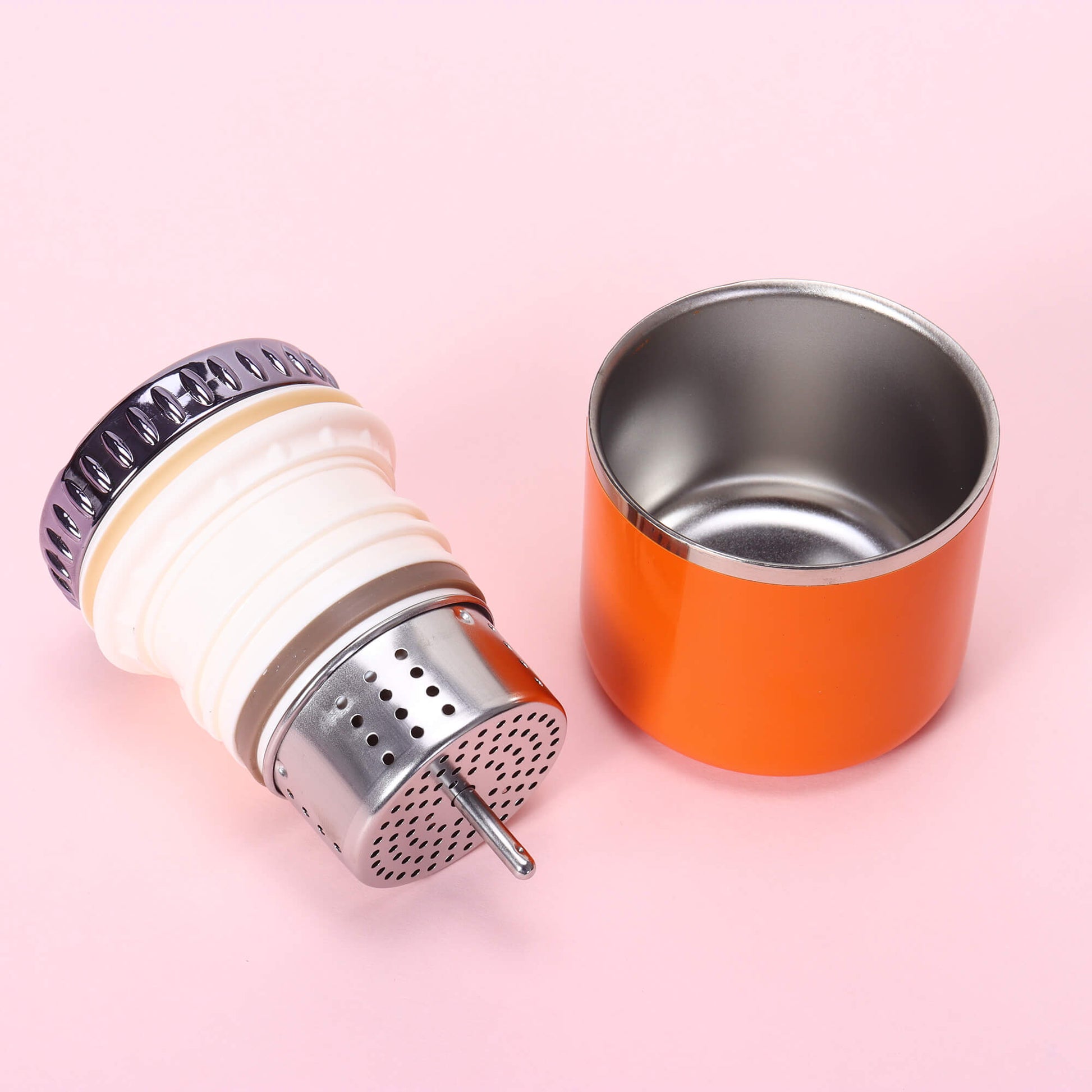 Stainless steel tea flask interior with removable tea basket