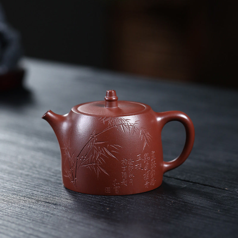 Bamboo Yixing zisha Handuo teapot, hand-carved bamboo and calligraphy, 250ml
