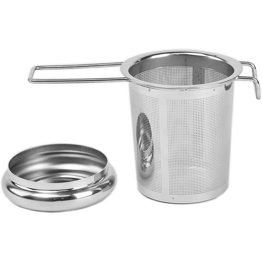 Tea infuser basket with the lid removed and set beside it