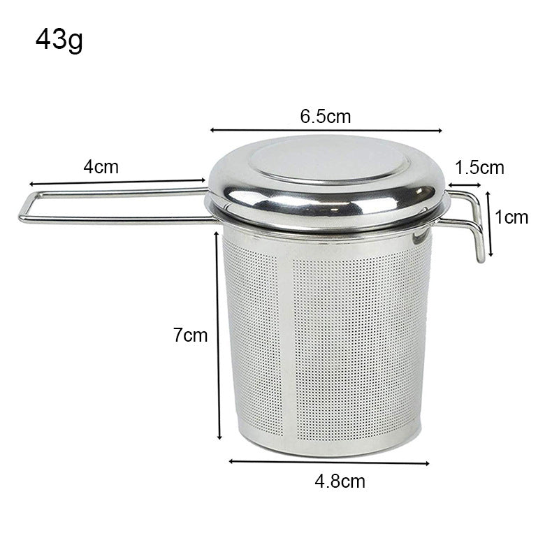 Diagram of the tea infuser basket showing 6.5cm rim, 4.8cm base, 7cm depth and 43g weight