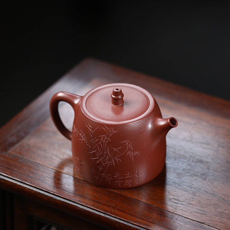 Bamboo Yixing zisha teapot, three-quarter view showing the Handuo bell knob