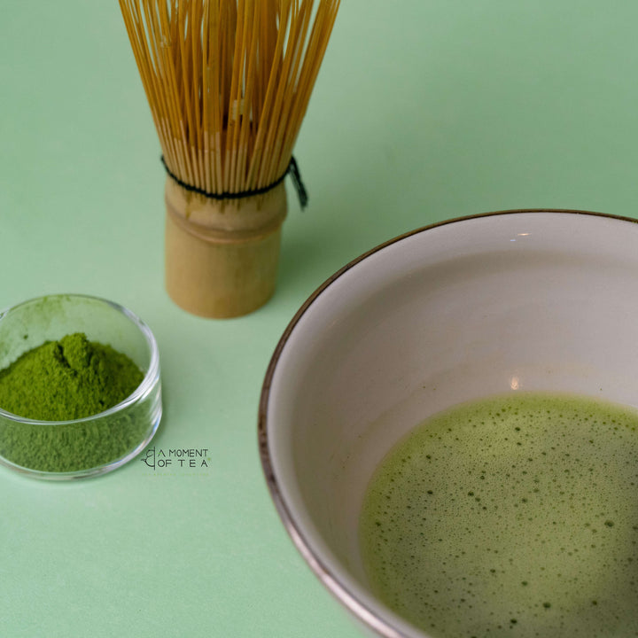 Traditional Japanese matcha tea ceremony preparation with HIJIRI-NO-SATO ceremonial grade matcha in authentic chawan bowl with bamboo chasen whisk in Hobart