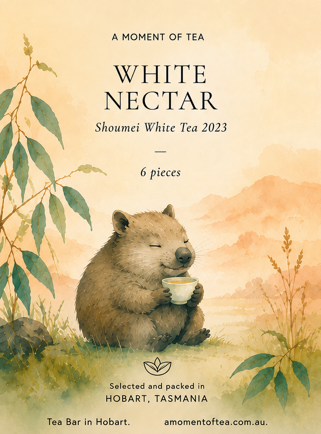 A tea product label or packaging design for 'White Nectar' Shoumei White Tea 2023, featuring an illustration of a wombat holding a cup of tea against a warm, watercolor-style landscape background with eucalyptus leaves.