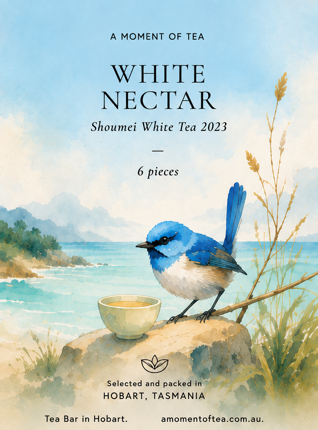 A watercolor-style tea package design for White Nectar Shoumei White Tea 2023, showing a blue-and-white bird perched beside a small cup on a coastal rockscape. Text reads 'A Moment of Tea,' 'White Nectar,' 'Shoumei White Tea 2023,' '6 pieces,' and 'Selected and packed in Hobart, Tasmania.