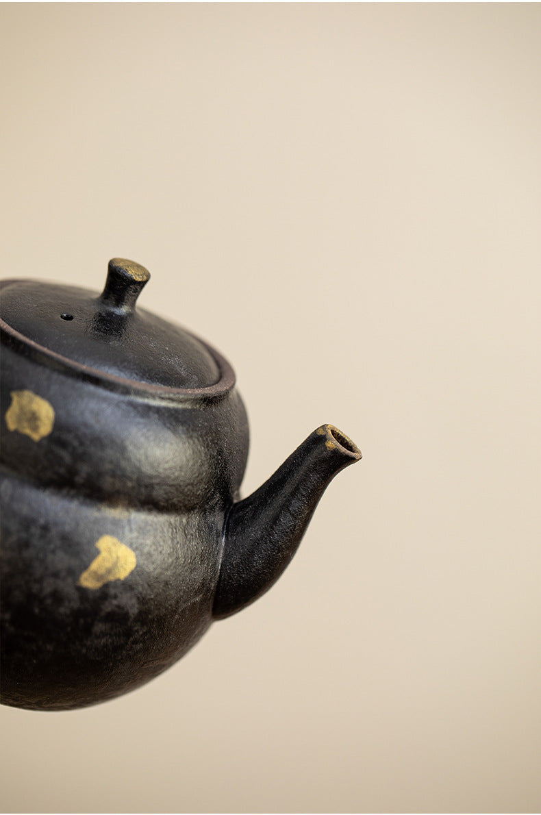 Close-up of the lid, knob and spout of the black clay gourd teapot