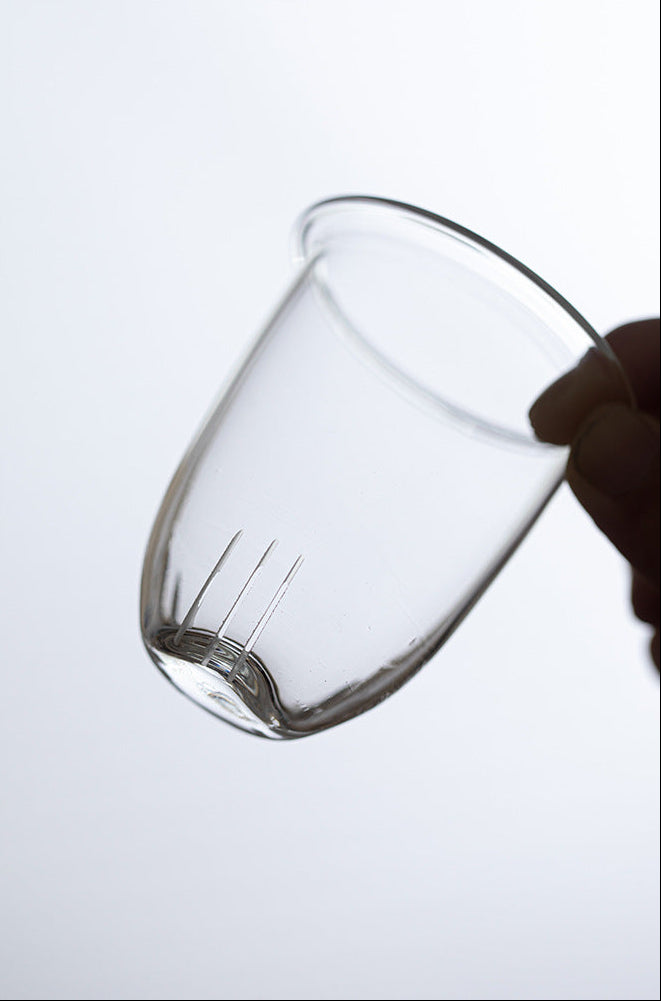 A clear glass tea infuser cup held by a hand against a light gray background, with Chinese text at the top describing the fine mesh filter and tea preparation benefits.