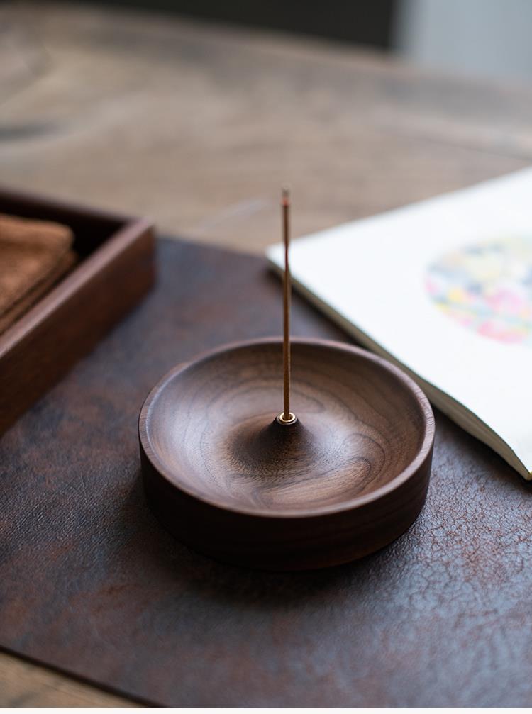 Walnut incense holder from above showing the dish and centre cone