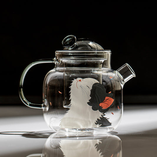 700ml clear glass teapot with smoke-grey lid, infuser and handle, printed with a black and white cat and an orange butterfly