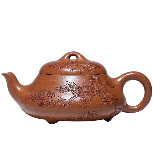 Pine Wind Yixing teapot on a white background, side profile showing the low wide body, three small feet and pierced knob