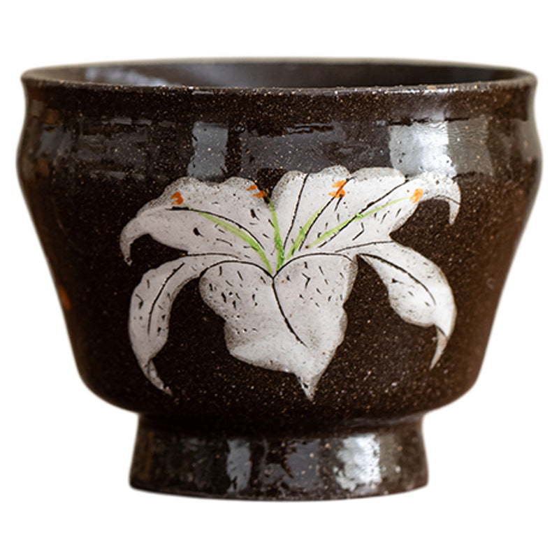 White lily rustic clay tea cup 70ml, hand-painted lily on black glaze