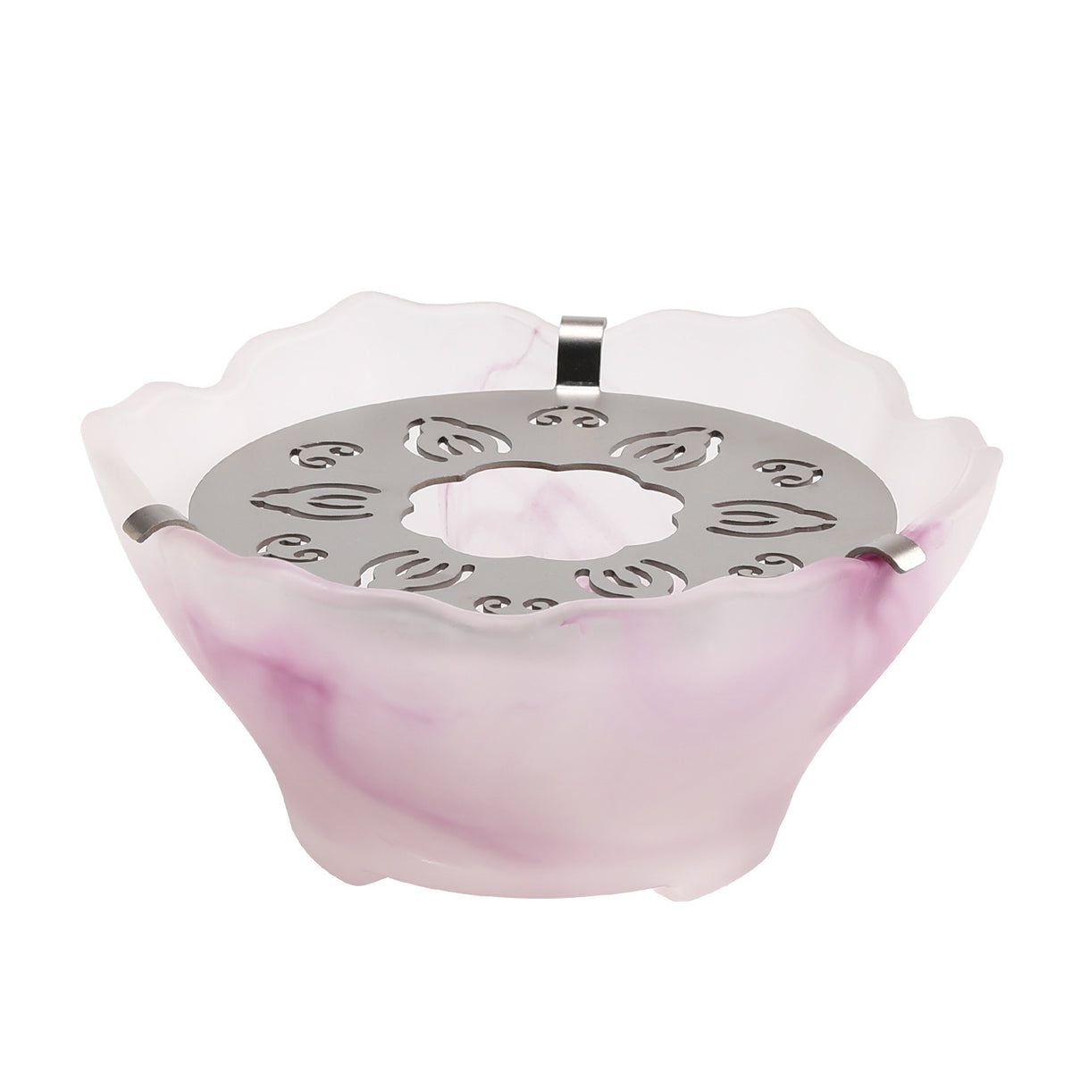 Pink glass tea warmer on a white background