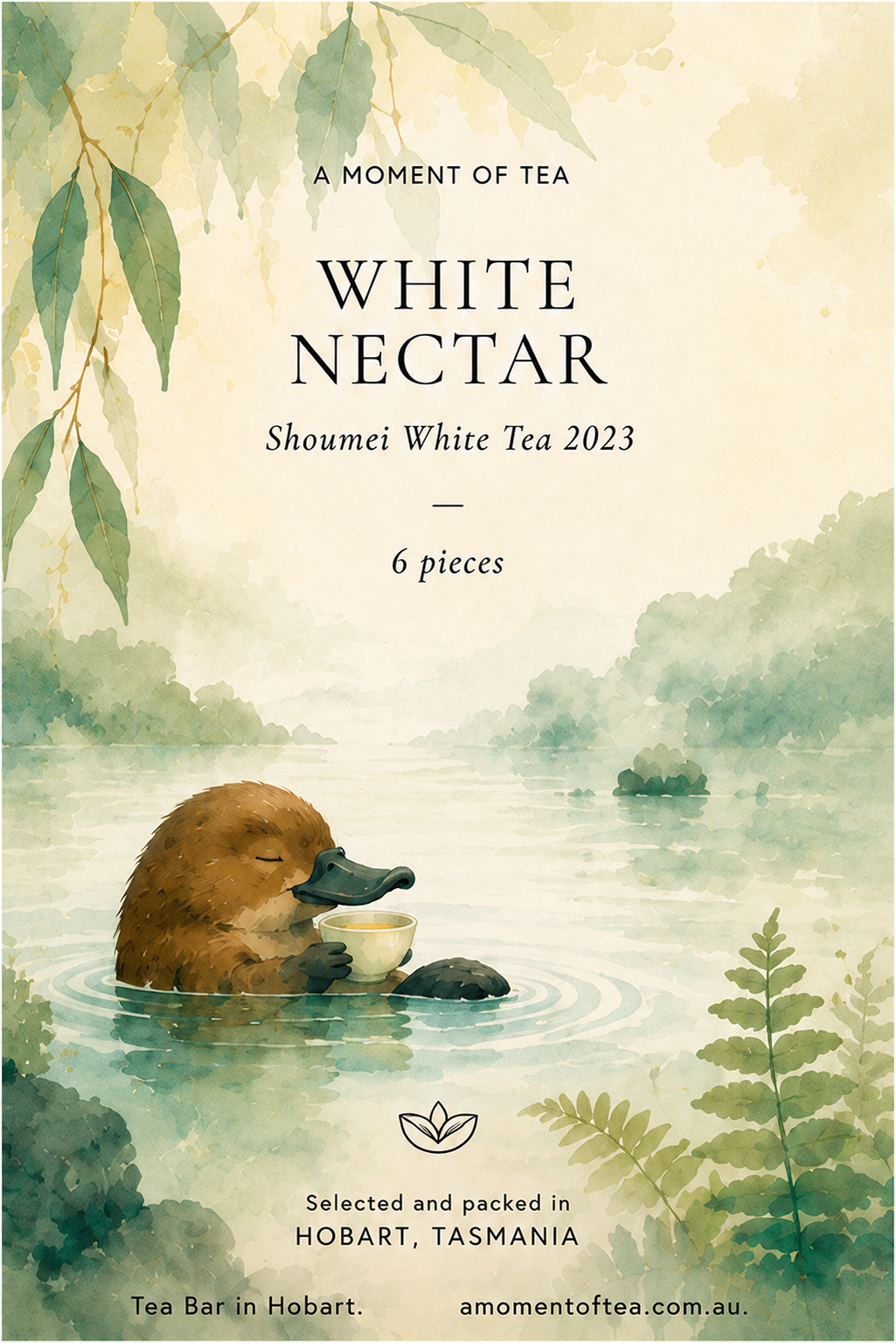 A tea product label or packaging design for White Nectar Shoumei White Tea 2023, featuring a watercolor illustration of a duck in a lake holding a cup, with text reading 'A Moment of Tea', 'White Nectar', 'Shoumei White Tea 2023', and '6 pieces'.