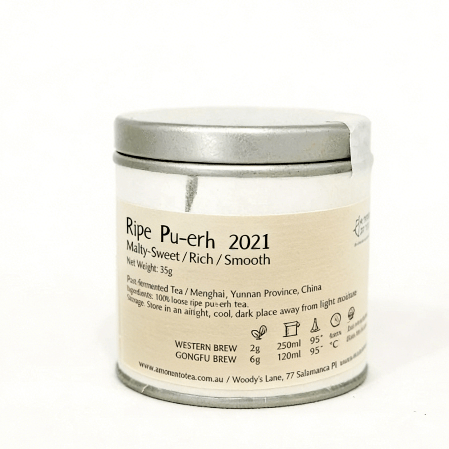 Tea canister labeled 'Ripe Pu-erh 2021' on a white background