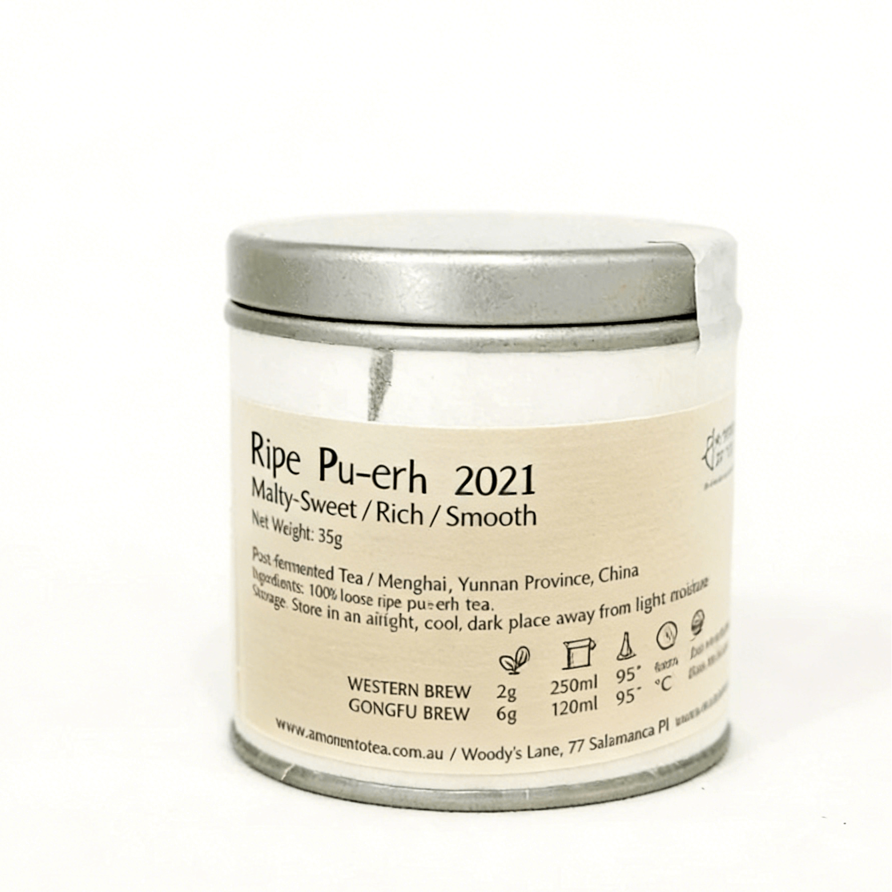 Tea canister labeled 'Ripe Pu-erh 2021' on a white background