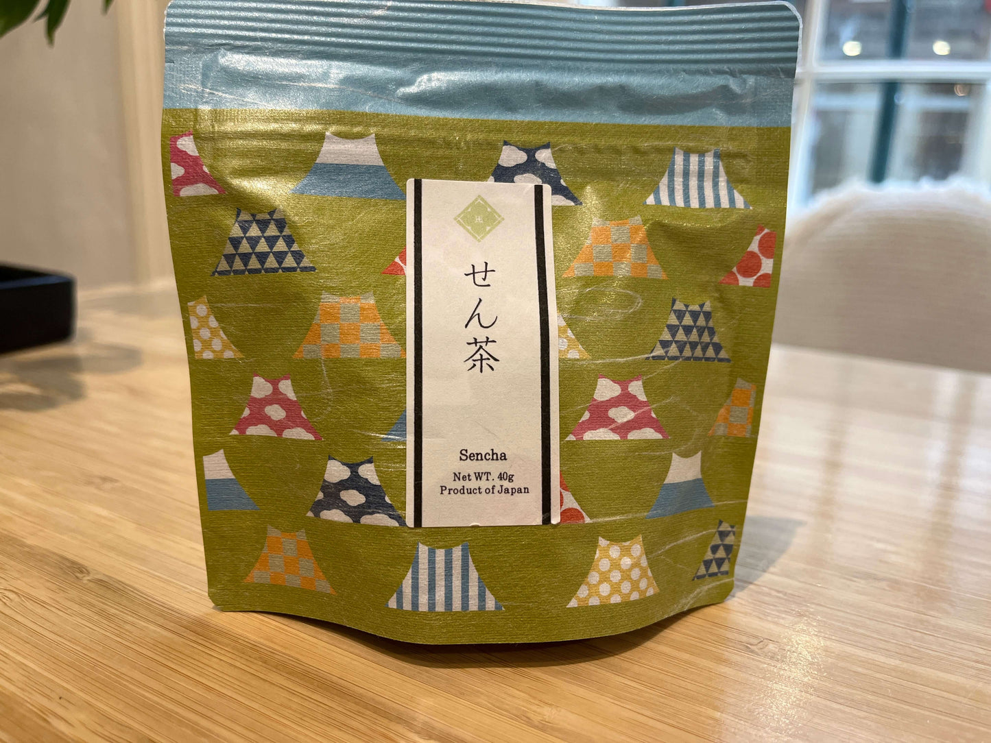 Wa no Sencha Japanese green tea package on a wooden surface