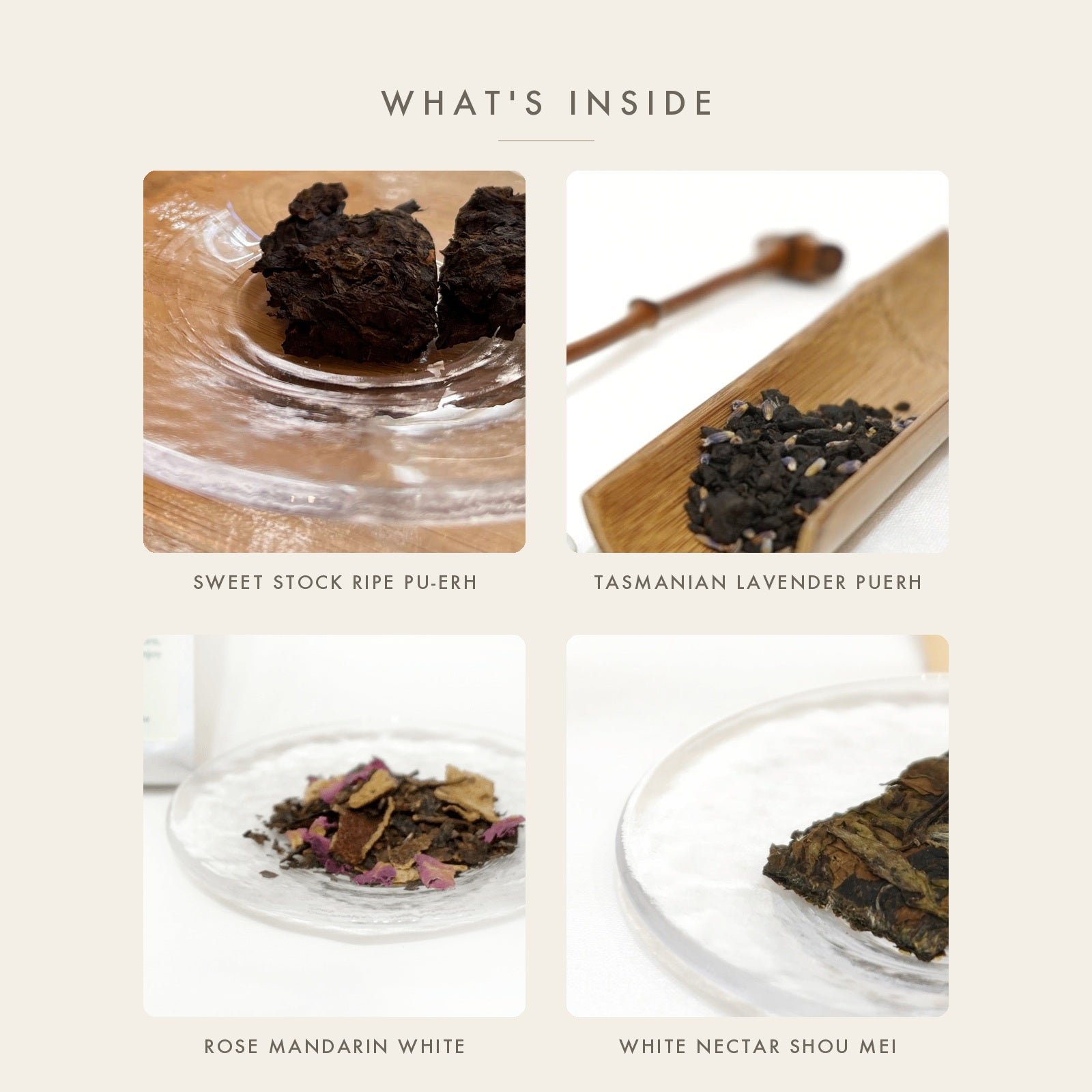 The four teas inside the Thermos Tea Sampler Pack: ripe pu-erh, lavender puerh, rose mandarin white and shou mei