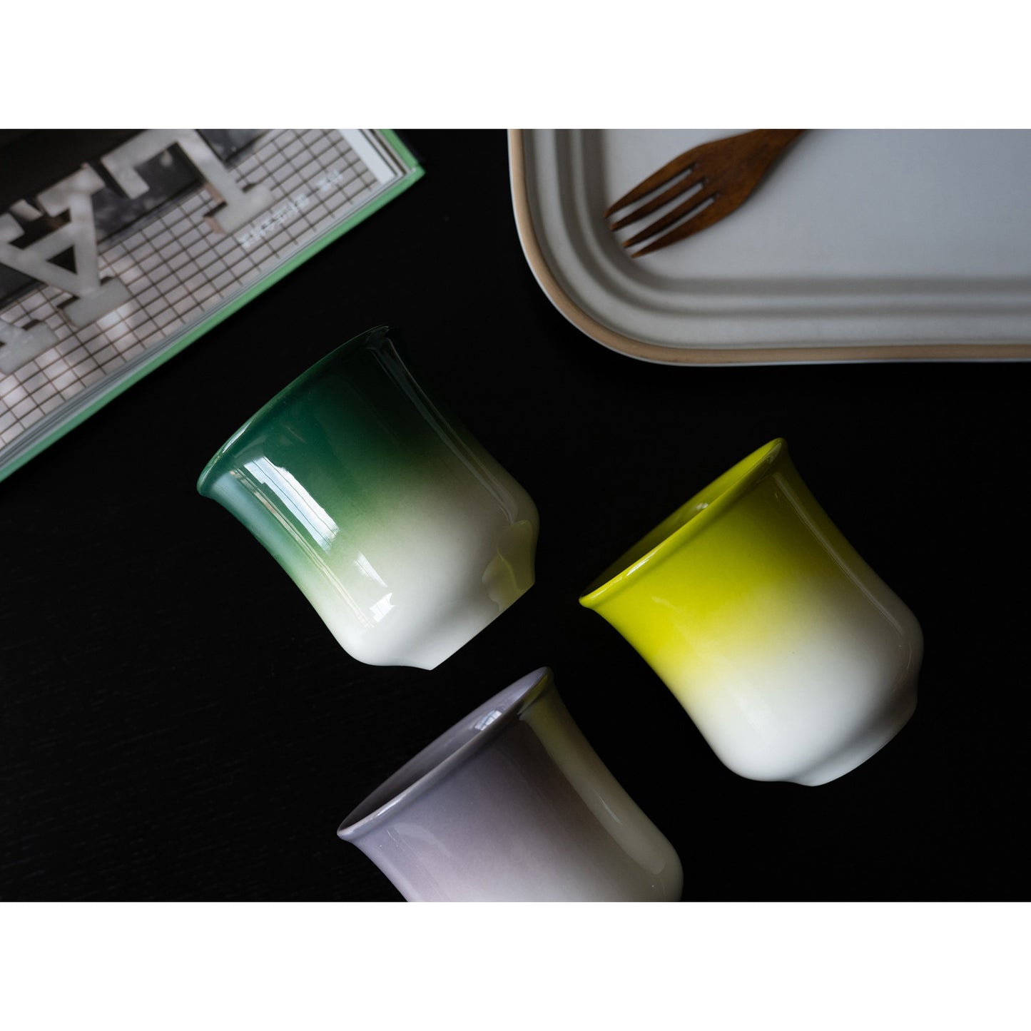 Gradient glaze tea cups in forest green, mustard green and dusk purple