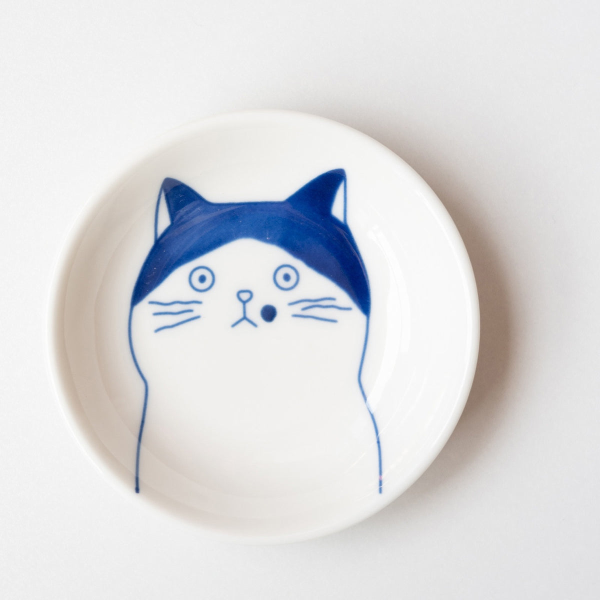 Blue cat face sauce dish, tuxedo cat, 10 cm porcelain